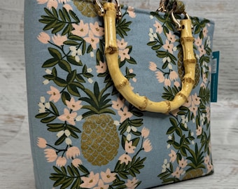 Golden Pineapple Hawaiian Print - SMALL Canvas Tote Bag with Bamboo Handles and Crossbody Strap