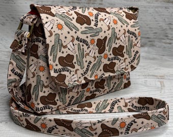 Howdy Cowboy  - Mini Crossbody or Shoulder Strap - Flap Closure - Adjustable Strap - Canvas - Purse - Handbag- Western - Old West - Retro