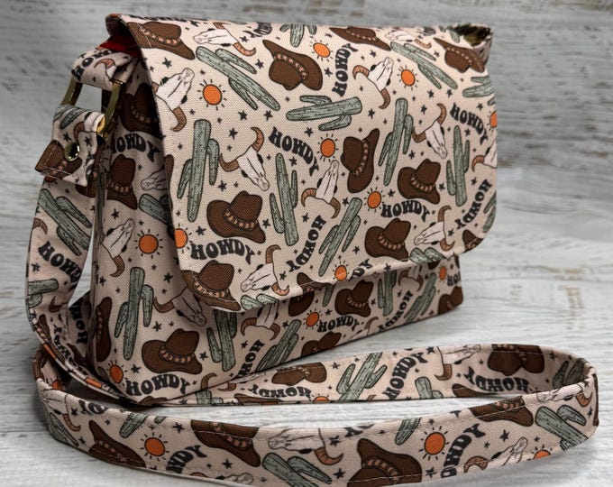 Howdy Cowboy  - Mini Crossbody or Shoulder Strap - Flap Closure - Adjustable Strap - Canvas - Purse - Handbag- Western - Old West - Retro