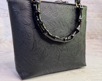 Paniola Black - Hawaiian Print - SMALL Tote Bag - Purse - Handbag - Crossbody - Embossed Tropical Flowers Vinyl - Tiki - MCM - Tropical