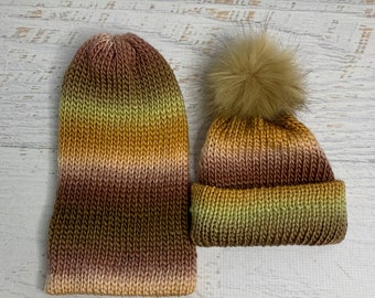 Knit Hat - Ember - toque - beanie - stocking cap - adult - toddler - Brown Tan Camel Gold Beige - with or without Pom Pom