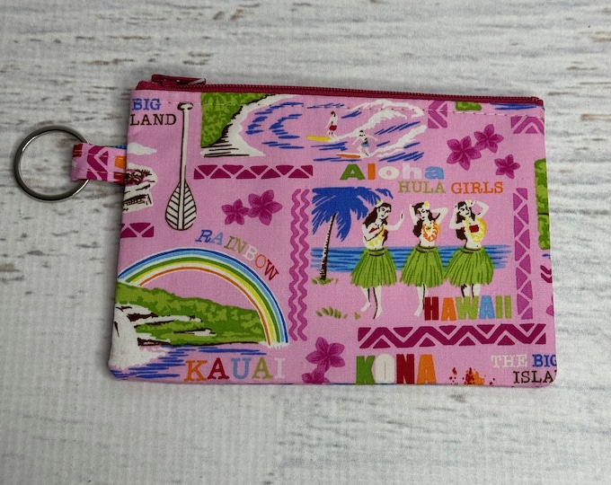 Hawaiian Islands - Pink - Cotton - Coin Purse - Keychain - Wallet - Key Fob - Key Ring - Floral - Aloha Print - Hawaiian Print