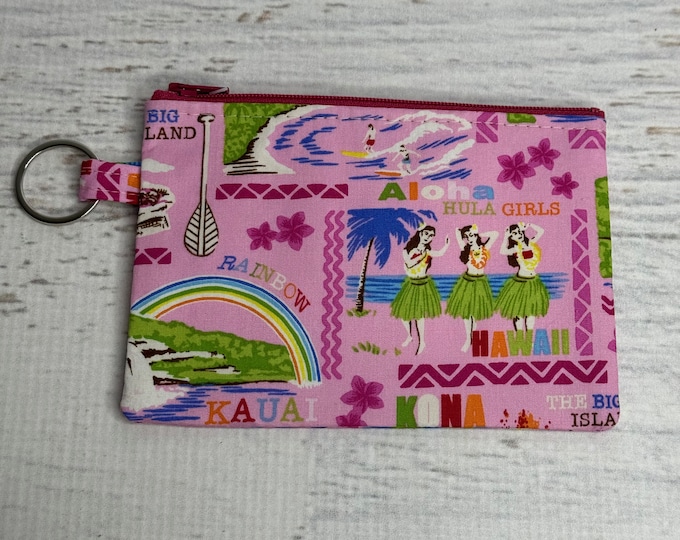 Hawaiian Islands - Pink - Cotton - Coin Purse - Keychain - Wallet - Key Fob - Key Ring - Floral - Aloha Print - Hawaiian Print