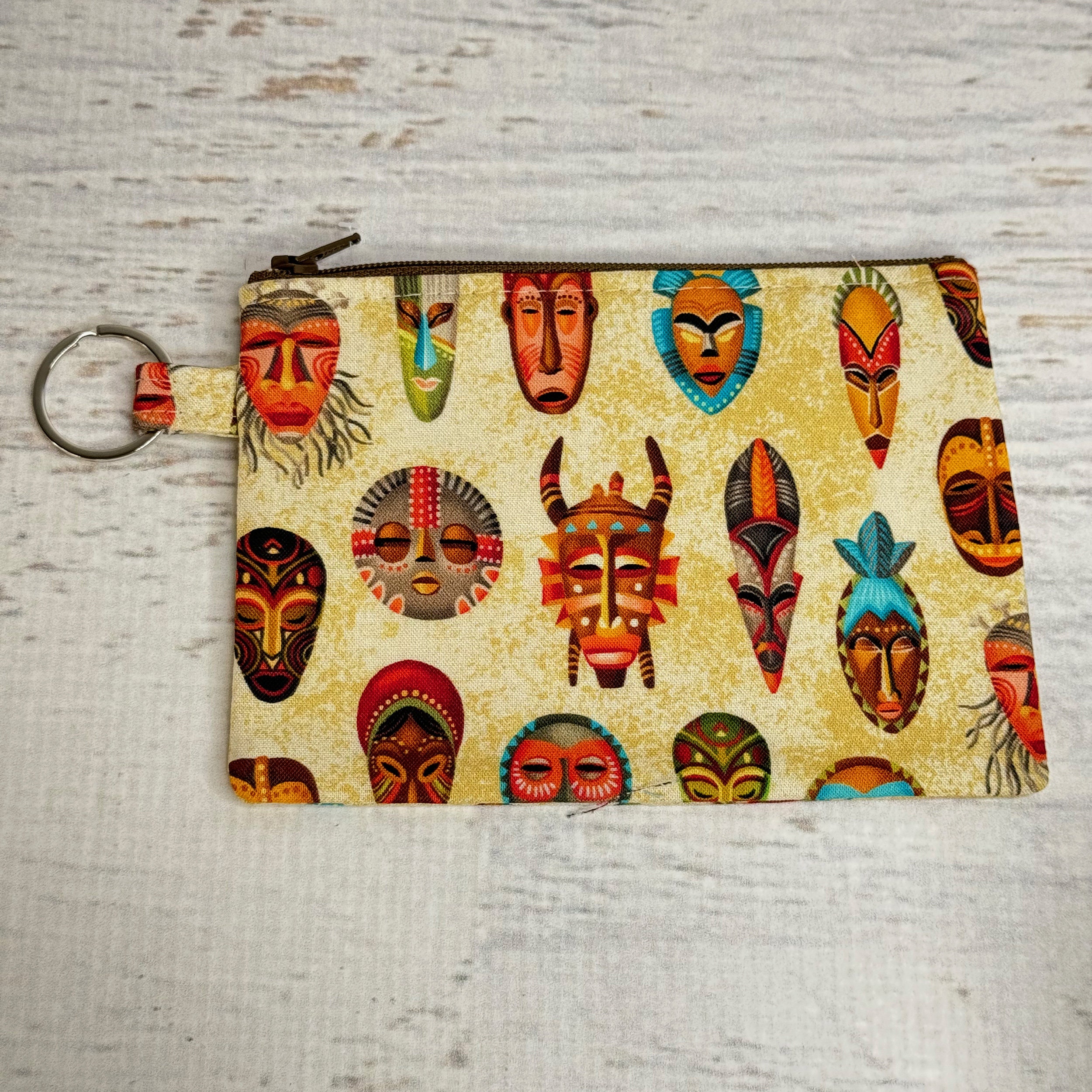 Tribal Masks - Cotton - Coin Purse - Keychain - Wallet - Key Fob - Key Ring  - Floral - Aloha Print - Hawaiian Print