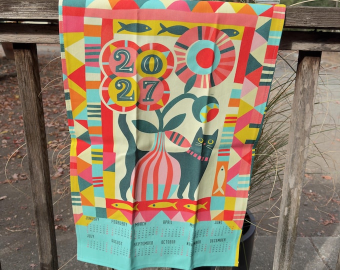 Colorful Folk Art Cat | 2027 Tea Towel Calendar | Linen Cotton Canvas