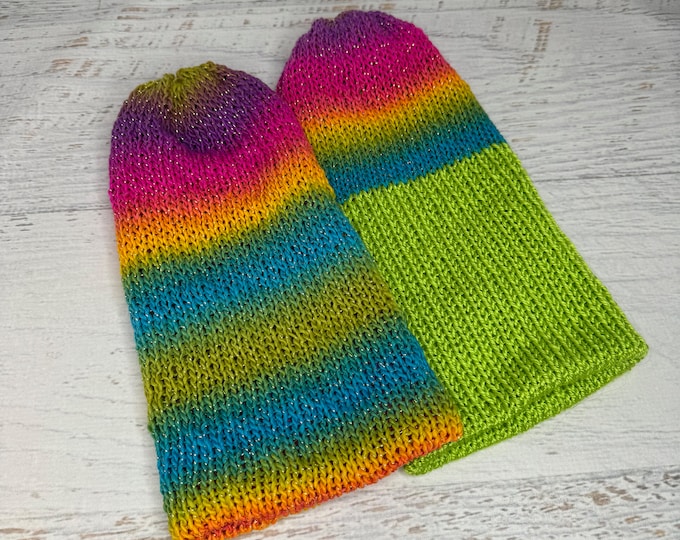 Knit Hat - Galactic - Glitter Stripes - toque - beanie - stocking cap - adult - toddler - Neon Rainbow - with or without Pom Pom