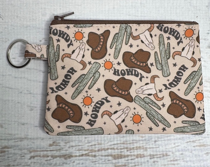 Howdy Cowboy - Recycled Cotton Canvas - Coin Purse - Keychain - Wallet - Key Fob - Key Ring - Western - Desert - Country - Cowgirl - Cactus