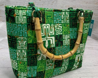 MidCentury Tikis - Green - Tote Bag - Purse - Handbag - Crossbody - Canvas - MCM - Retro Modern - Tropical - Tiki