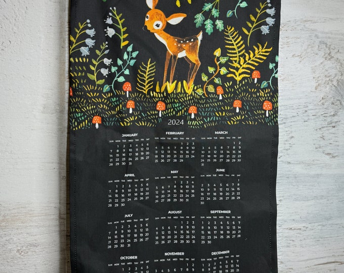 Deer in the Forest - 2024 Calendar - Tea Towel - Bar Towel - Linen Cotton Canvas - Retro - Vintage Style