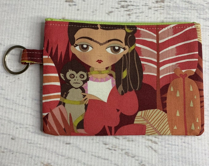 Ella Con Changos - Cotton - Coin Purse - Keychain - Wallet - Key Fob - Key Ring - Frida - Monkey - Jungle