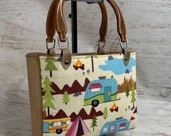 Lets Go Camping - Top Handled Vinyl Handbag or Crossbody Purse  with Zipper Charm Closure