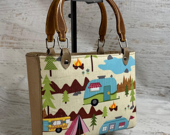 Lets Go Camping - Top Handled Vinyl Handbag or Crossbody Purse  with Zipper Charm Closure