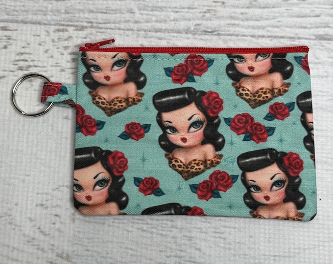 Rockabilly Baby by Miss Fluff - Cotton - Coin Purse - Keychain - Wallet - Key Fob - Key Ring - Roses - Pin Up - Leopard Print