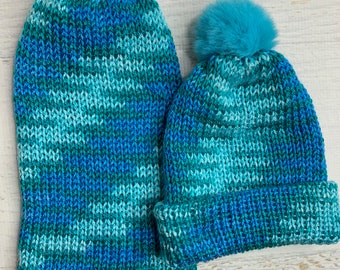 Knit Hat - Fountain Blue - toque - beanie - stocking cap - adult - toddler - Blue Teal Green Mint Turquoise - with or without Pom Pom