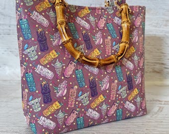 Space Cantina - Brown - Tiki Drinks - SMALL Vinyl Tote Bag with Bamboo Handles and Crossbody Strap