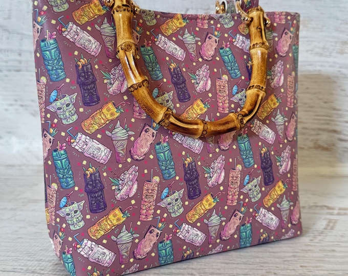 Space Cantina - Brown - Tiki Drinks - SMALL Vinyl Tote Bag with Bamboo Handles and Crossbody Strap