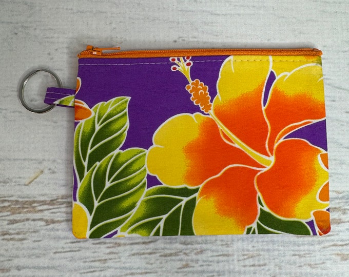 Purple Hibiscus - Cotton - Coin Purse - Keychain - Wallet - Key Fob - Key Ring - Floral - Aloha Print - Hawaiian Print