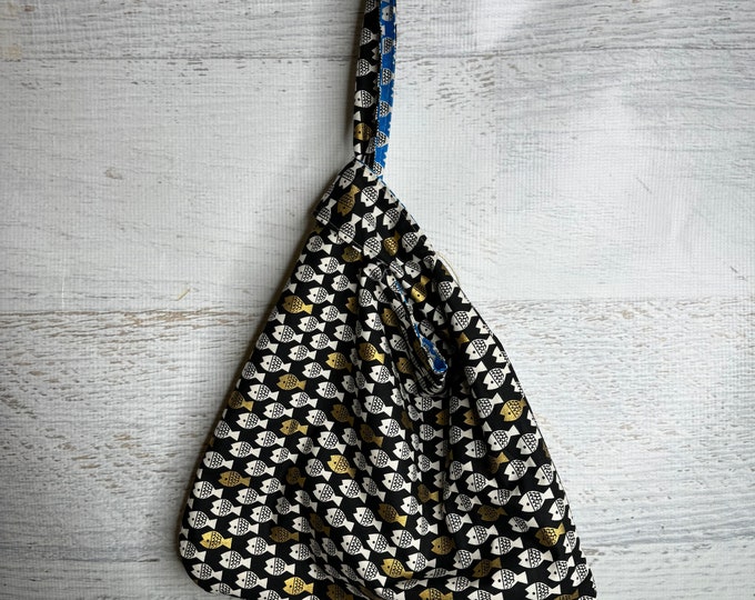 School of Fish - Black Metallic Gold Blue - Reversible - Large Japanese Knot Bag - Shopping Tote - Farmers Market Bag - Reusable Bag