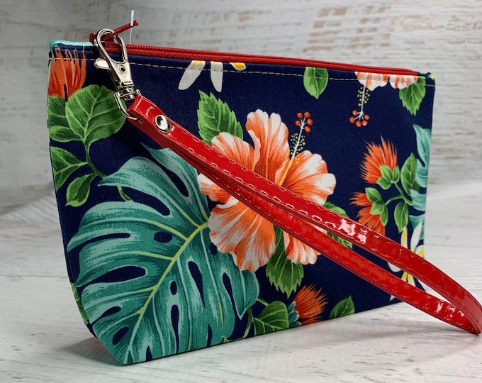 Blue Hawaii Hibiscus - Clutch - Zipper Pouch - Wristlet - Retro Hawaiian Print - Travel Bag - Tiki - Aloha Print - Tiki Bar
