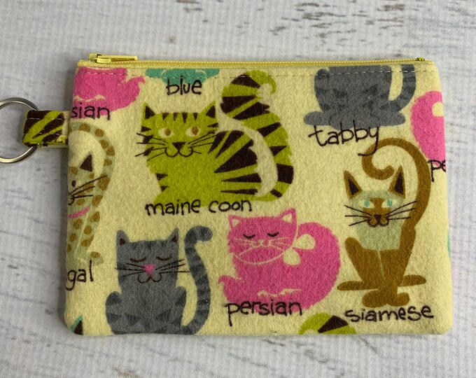 Cat Cats Cats - Cotton FLANNEL - Coin Purse - Keychain - Wallet - Key Fob - Key Ring - Siamese Persian Maine Coon Tabby Bengal Blue