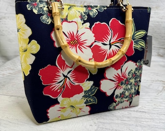 Red White Hibiscus on Navy | SMALL Tote Bag - Purse - Handbag - Crossbody - Poplin Cotton - MCM - Vintage Fabric - Hawaiian Print - Aloha