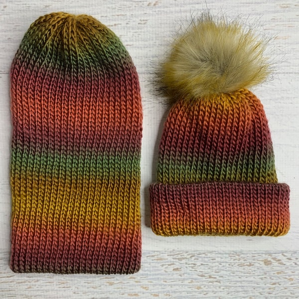 Knit Hat - Autumn - toque - beanie - adult - toddler - Orange Gold Burgundy Green - with or without Pom Pom