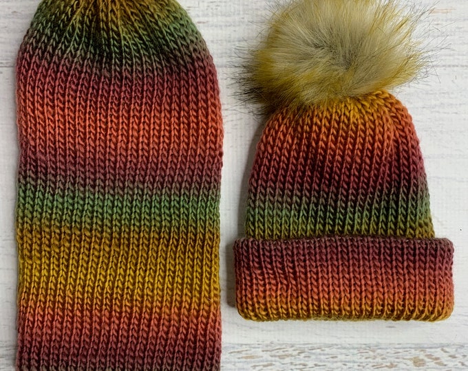 Knit Hat - Autumn - toque - beanie - adult - toddler - Orange Gold Burgundy Green - with or without Pom Pom