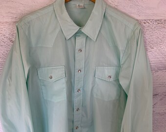 Vintage 80s - Malco Morton San Francisco - Men's Solid Mint Green Long Sleeve Western Shirt - Long Tail size 48 Tall 17.5-35 XL