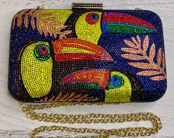 Rhinestone Clutch | Tiki Birds | Toucans | Evening Bag | Tiki Purse | Tropical Birds