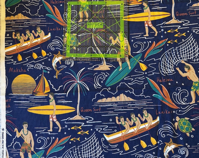 Hawaiian Fabrics - 30 - Hawaiian Islands - Hukilau - Aloha Print - Trans-Pacific Fabrics - Cotton - Tropical - Surfer - Outrigger - Blue