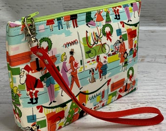 Merry Main Street - Christmas Shoppers -  Clutch - Wallet - Wristlet - Zipper Pouch - Retro - MidCentury Modern - MCM
