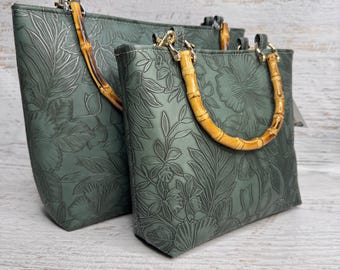 Paniola Green - Hawaiian Print - Tote Bag - Purse - Handbag - Crossbody - Embossed Tropical Flowers Vinyl - Tiki - MCM - Tropical