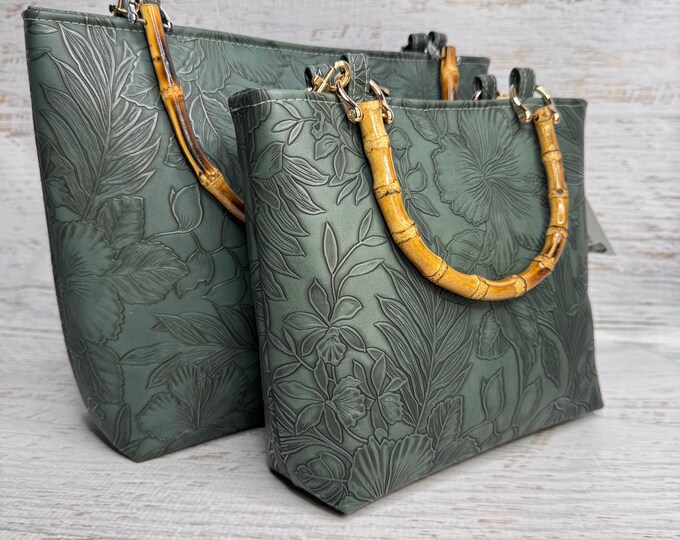 Paniola Green - Hawaiian Print - Tote Bag - Purse - Handbag - Crossbody - Embossed Tropical Flowers Vinyl - Tiki - MCM - Tropical