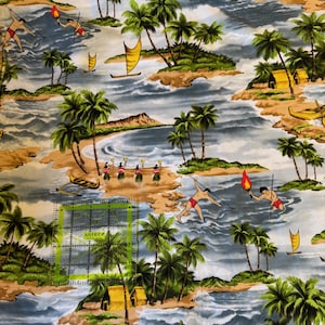 Hawaiian Fabrics - 27 - Hawaiian Islands - Hula Girls - Blauw - Aloha-print - Trendtex Fabrics - Katoenprint - Bloemen - Hibiscus
