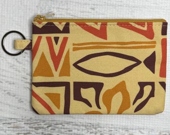 Yellow Orange Brown Tapa - Linen Cotton Canvas Coin Purse Fob Wallet with Keychain