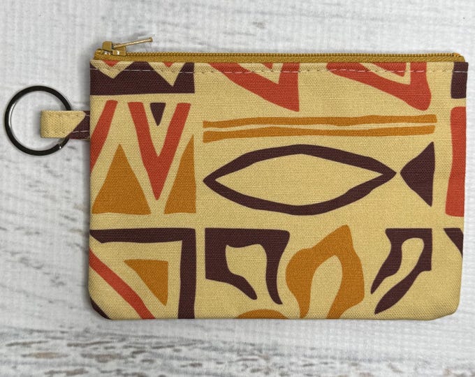 Yellow Orange Brown Tapa - Cotton Canvas - Coin Purse - Keychain - Wallet - Key Fob - Key Ring - Aloha Print - Hawaiian Print
