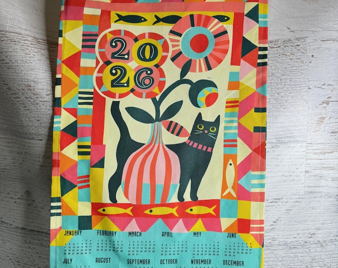 Colorful Folk Art Cat - 2026 Tea Towel Calendar - Linen Cotton Canvas
