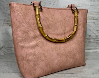 Paniola Collection: Pink - Embossed Hawaiian Print Vinyl Tote Bag with Bamboo Handles