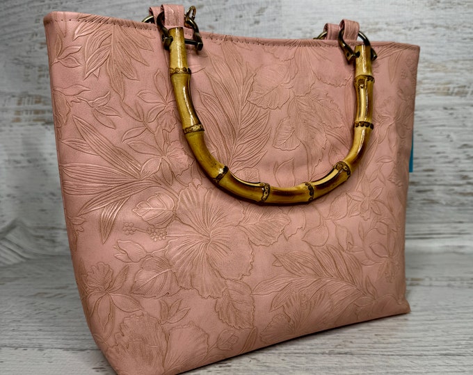 Paniola Collection: Pink - Embossed Hawaiian Print Vinyl Tote Bag with Bamboo Handles
