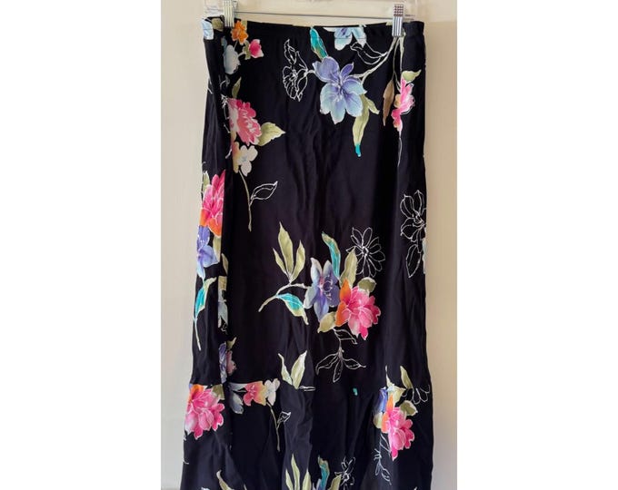 Vintage Alfred Dunner Tropical Print Black Rayon Skirt size 14