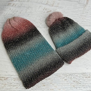 Knit Hat - Voyager- Glitter Stripes - toque - beanie - stocking cap - adult - toddler - Browns Teal Beige Pinks - with or without Pom Pom