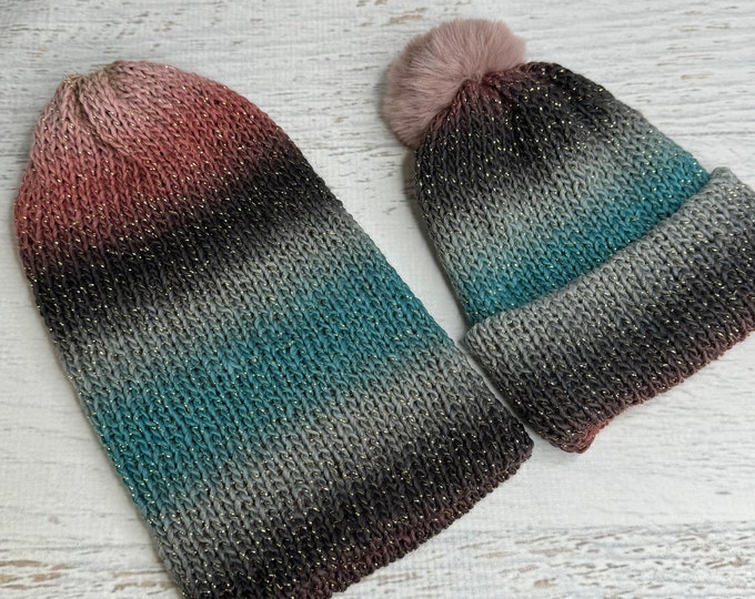 Knit Hat - Voyager- Glitter Stripes - toque - beanie - stocking cap - adult - toddler - Browns Teal Beige Pinks - with or without Pom Pom