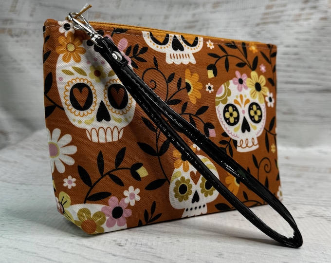 Sugar Skulls and Flowers - Clutch - Zipper Pouch - Wristlet - Travel Bag  - Spooky - Halloween - Day of the Dead - Dia De Los Muertos