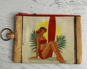 Pin Up Hawaii Surf Vibes | Cotton Canvas | Coin Purse | Keychain | Wallet | Key Fob - Key Ring - Aloha - Hawaiian Print - Surfboard