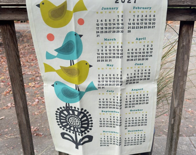 Retro Birds | 2027 Calendar | Tea Towel | Bar Towel | Linen Cotton Canvas