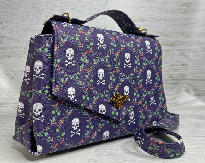 Purple Skull Vignette - Purse - Handbag - Crossbody - Pocketbook - Retro Vintage Inspired - Goth Purse - Halloween - Spooky