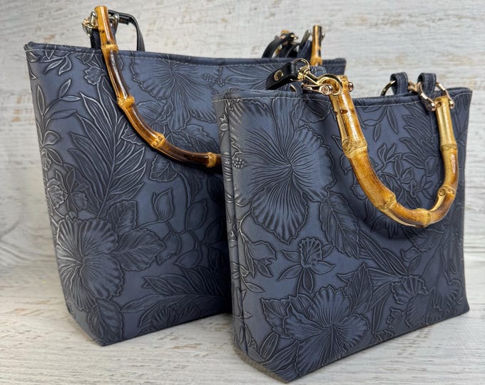 Paniola Blue Black - Hawaiian Print - Tote Bag - Purse - Handbag - Crossbody - Embossed Tropical Flowers Vinyl - Tiki - MCM - Tropical