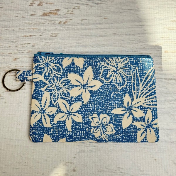 Traditional Hawaiian - Blue - Cotton - Coin Purse - Keychain - Wallet - Key Fob - Key Ring - Floral - Aloha Print - Hawaiian Print