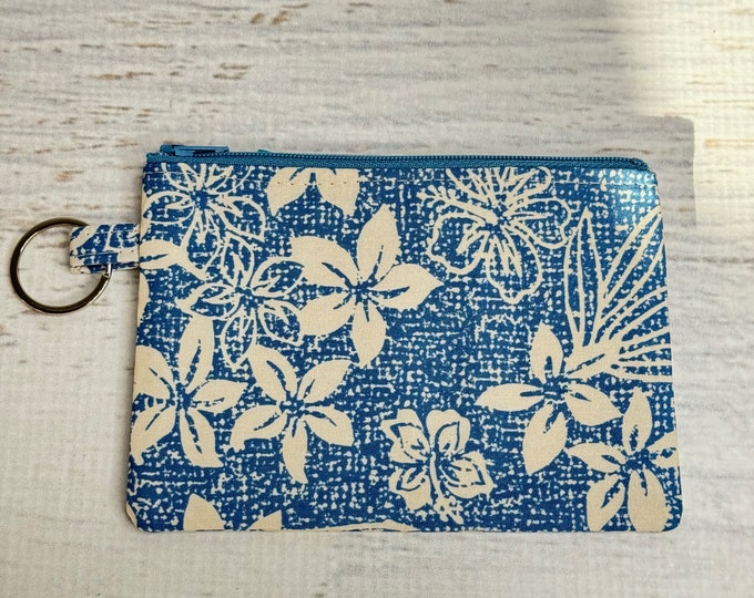 Traditional Hawaiian - Blue - Cotton - Coin Purse - Keychain - Wallet - Key Fob - Key Ring - Floral - Aloha Print - Hawaiian Print