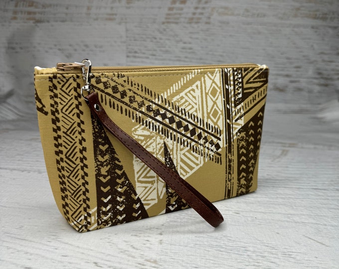 Tribal Tapa - Tan - Clutch - Zipper Pouch - Wristlet - Retro Hawaiian Print - Aloha Print - Travel Bag - Tiki